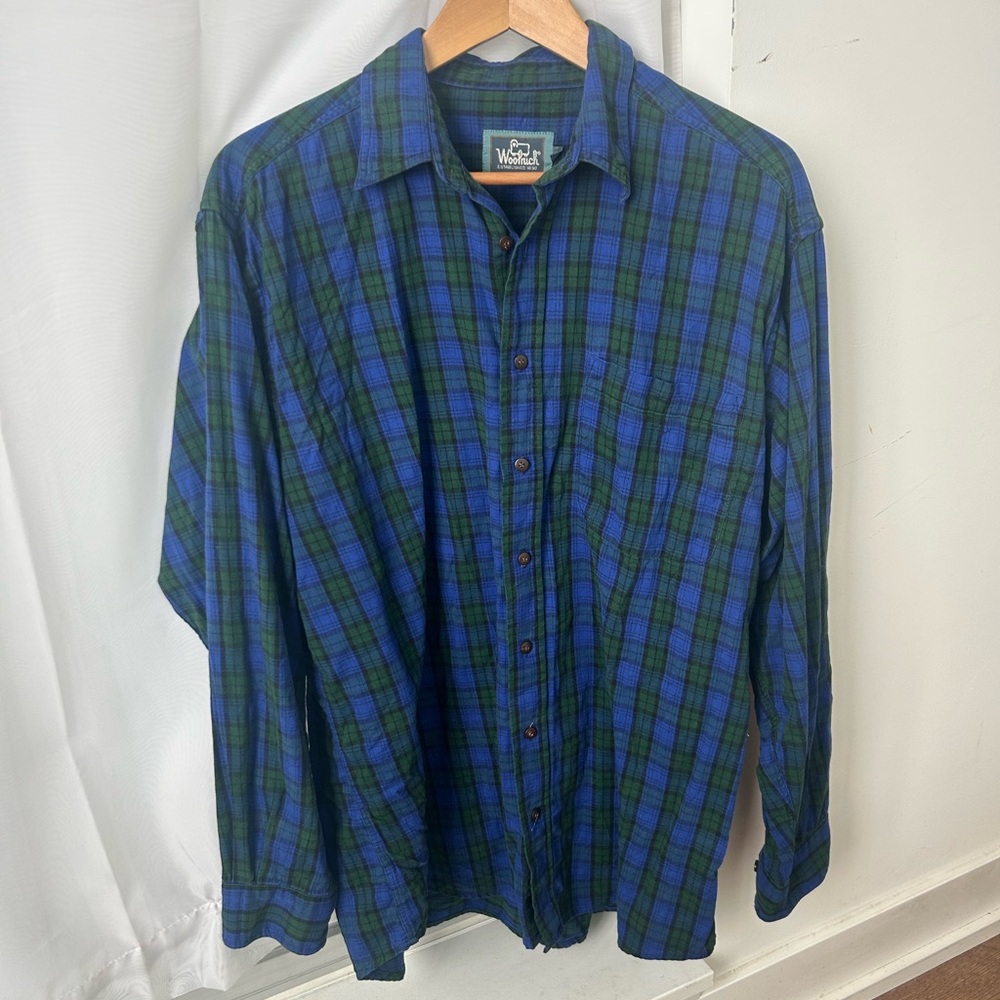Vintage Woolrich Men's Blue and Green Plaid Shirt 100% Cotton Sz L